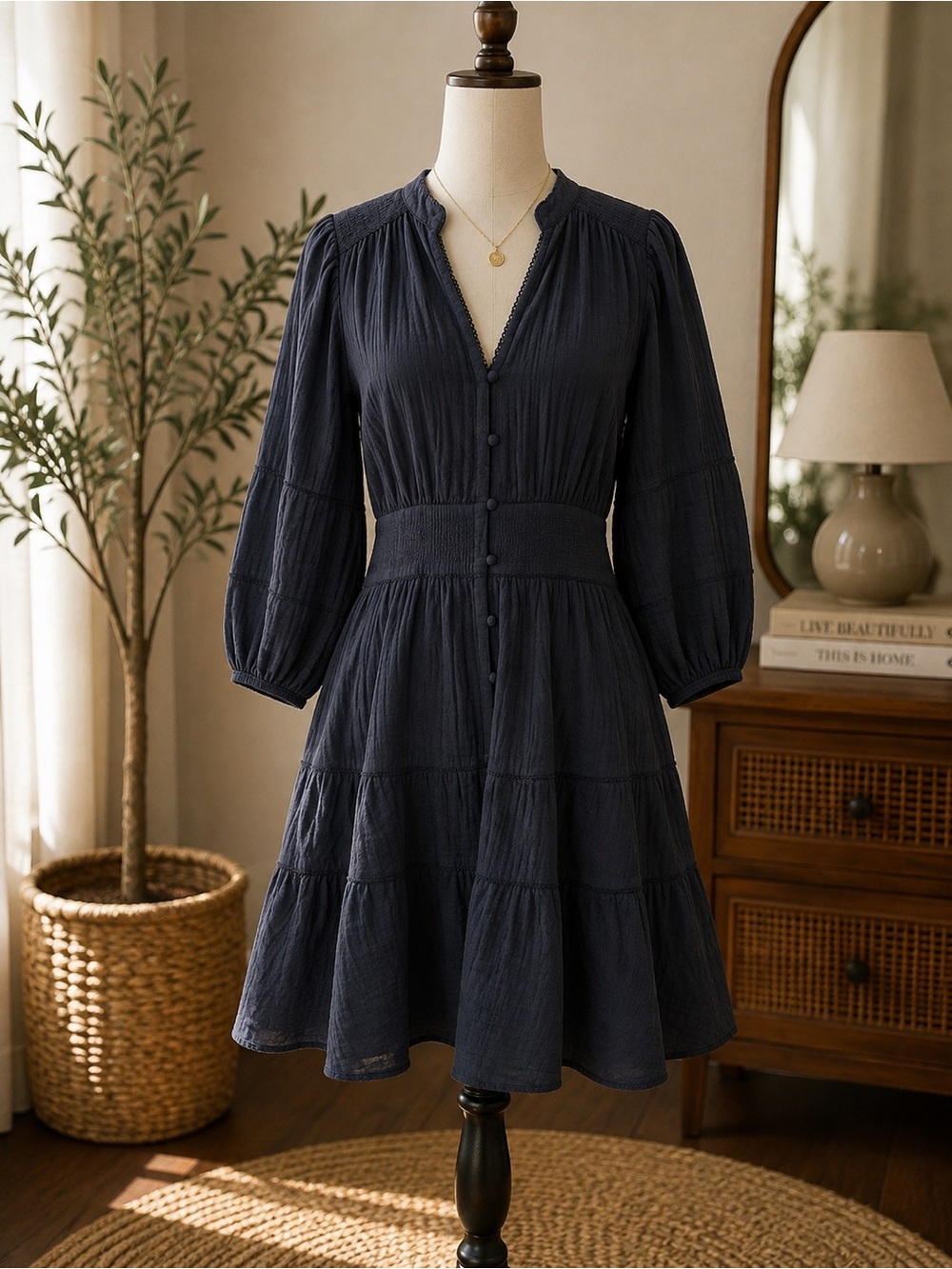 ME+EM Womens 8 Navy Cotton Cheesecloth Tiered Midi Dress Shirred Button Front